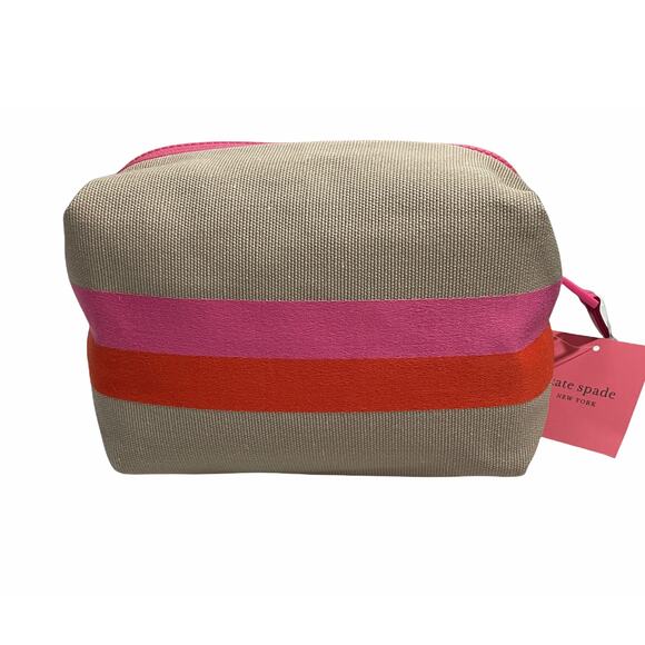 Kate Spade Stripe Logo Canvas Large Cosmetic Case Travel Makeup Bag - Picture 3 of 8